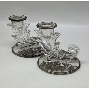 Silver City Vintage Glass Candle Holders With Poppy Flower Silver Overlay READ